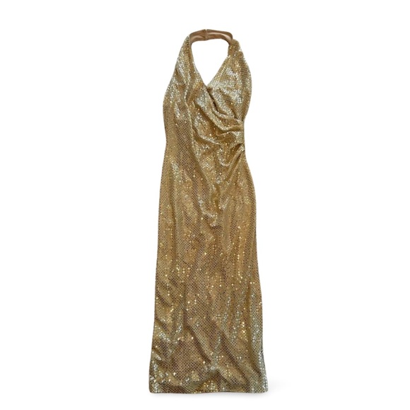 GOLD HALTER NECK EVENING DRESS - Picture 1 of 8